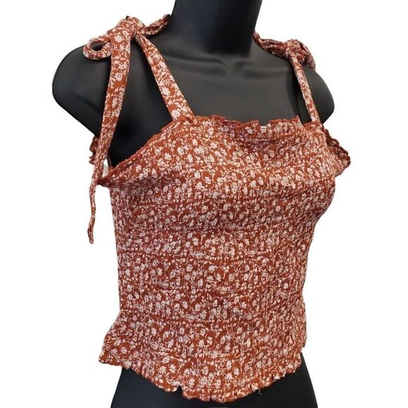 Dizzy Lizzy Smocked Crop Top Women's XL Rust‎ Orange White Floral Tie-Straps NEW - Picture 2 of 11